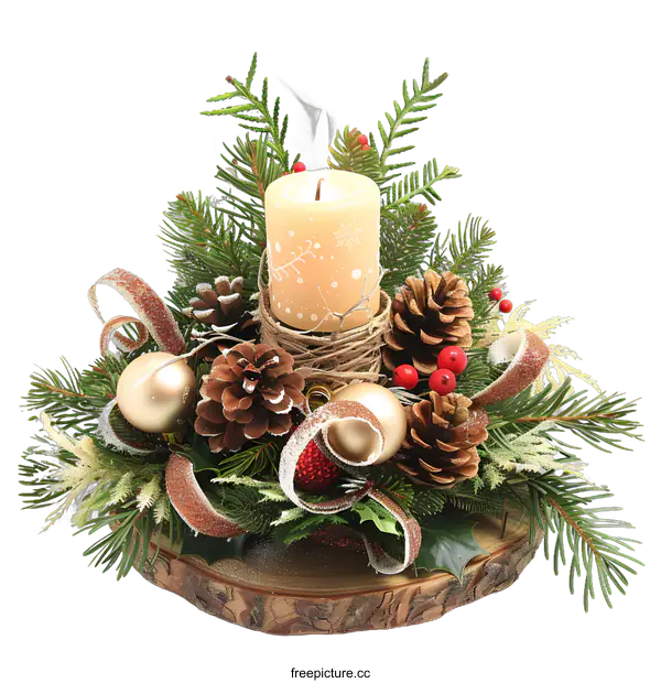 [Transparent Background PNG]Christmas Centerpiece with Candle and Pine Cones