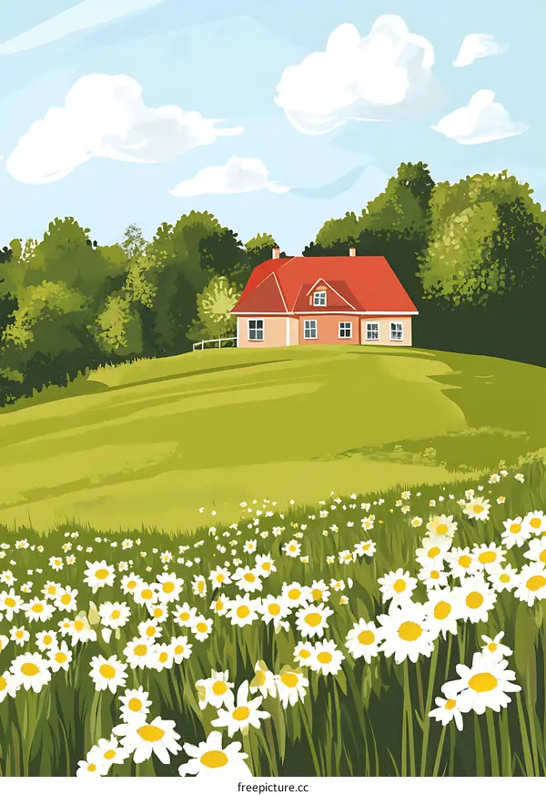 Charming Countryside House with Daisies in Field