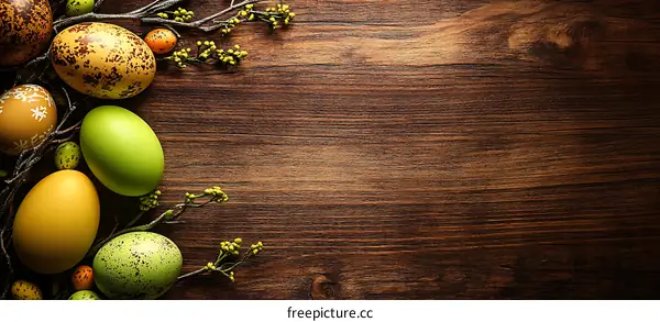 Colorful Easter Eggs on Wooden Background