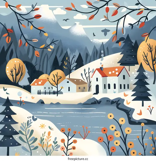 Winter Village with Snowy Mountains Illustration