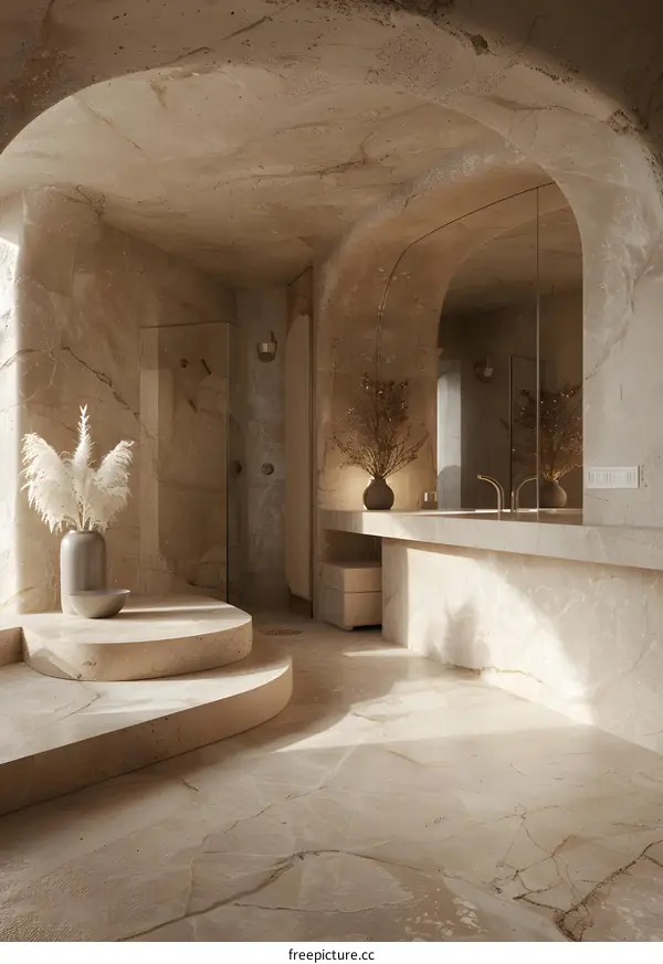 Modern Minimalist Bathroom with Stone Walls and Arched Entryway