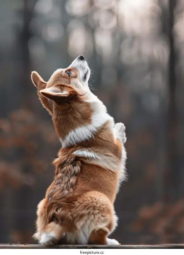 A cute corgi standing on its hind legs and looking up