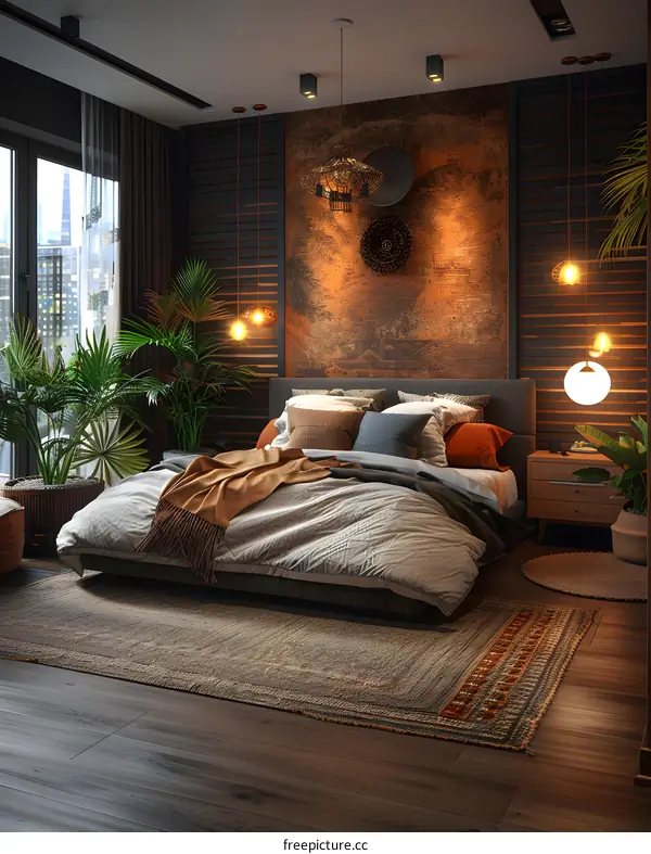 A bedroom with a large bed, a rug, and some plants