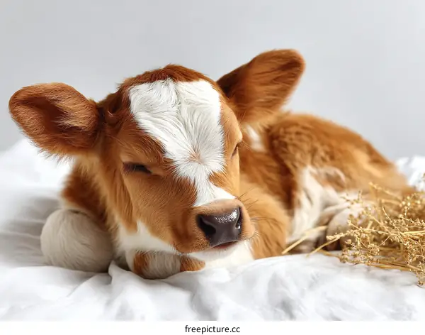Adorable Baby Calf Sleeping on a Bed
