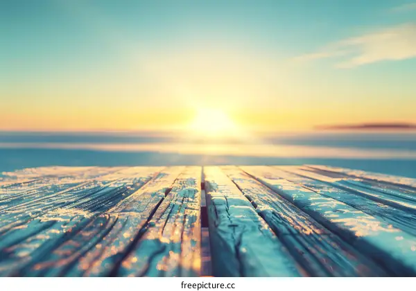 Wooden Table with Frozen Surface at Sunset