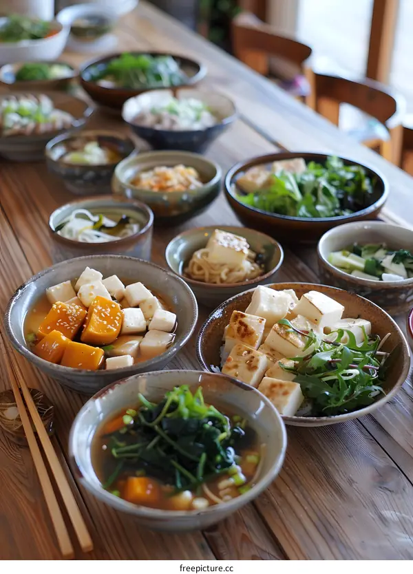 Japanese Cuisine Dishes on a Wooden Table