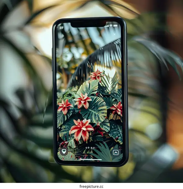 Phone with Tropical Flowers on Screen