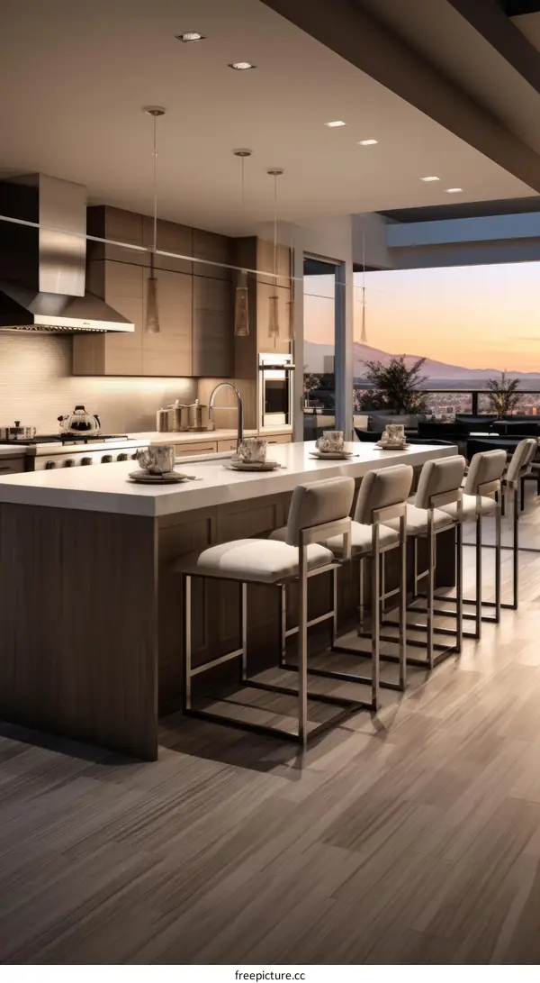 Modern kitchen with a view of the city