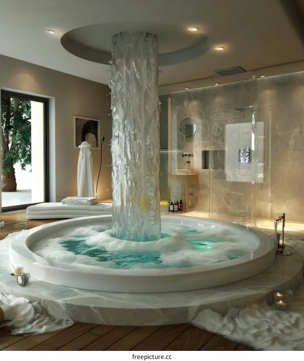 Modern Bathroom Interior Design With Waterfall Shower And Jacuzzi