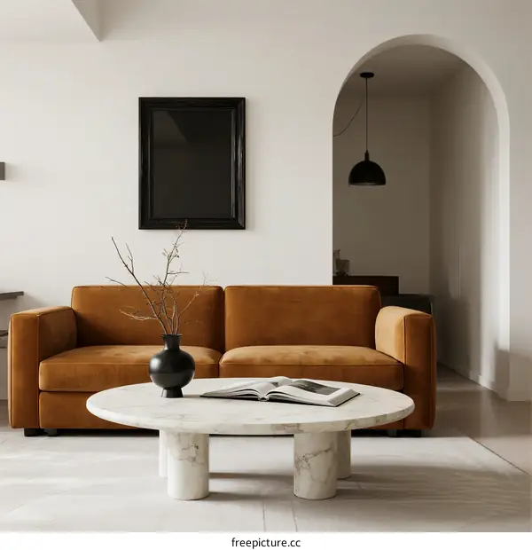 Modern living room with brown sofa and white marble coffee table