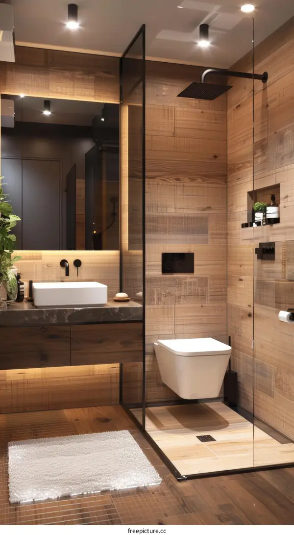 Modern Wooden Bathroom Design with Glass Shower
