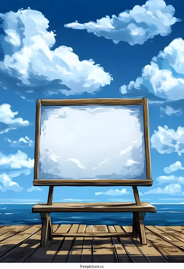 Blank Canvas on Wooden Easel with Clouds and Blue Sky