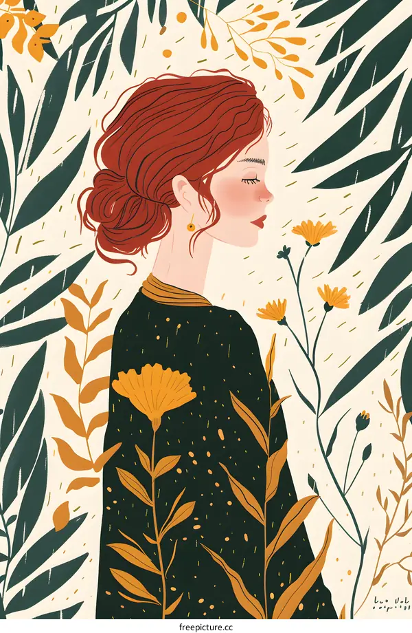 Woman in a Floral Dress with Green and Yellow Flowers