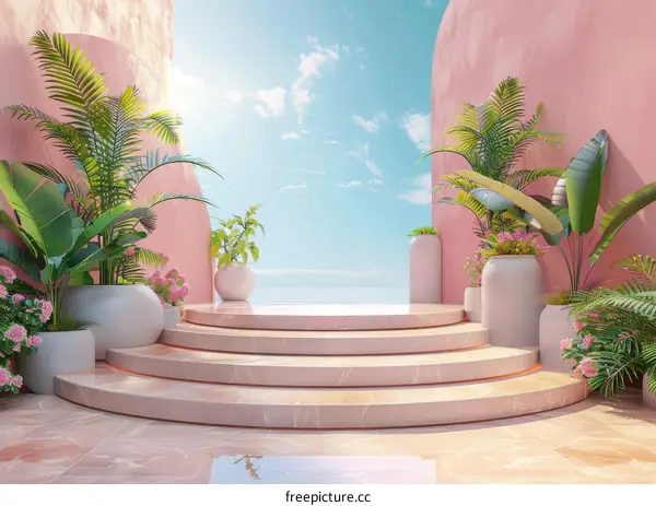 Abstract Pink and Blue Interior with Plants