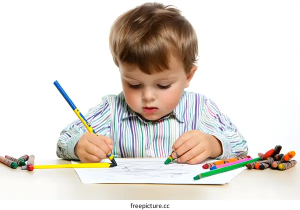 Little Boy Coloring with Crayons on White Background