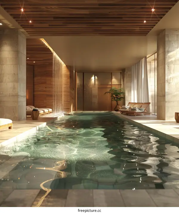 Indoor swimming pool with wooden ceiling
