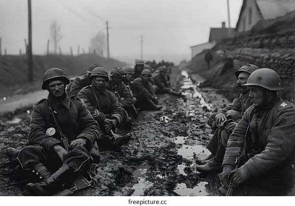 A group of soldiers sitting on the muddy ground during World War II