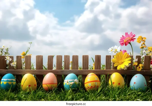 Easter Eggs Behind a Wooden Fence in a Spring Garden