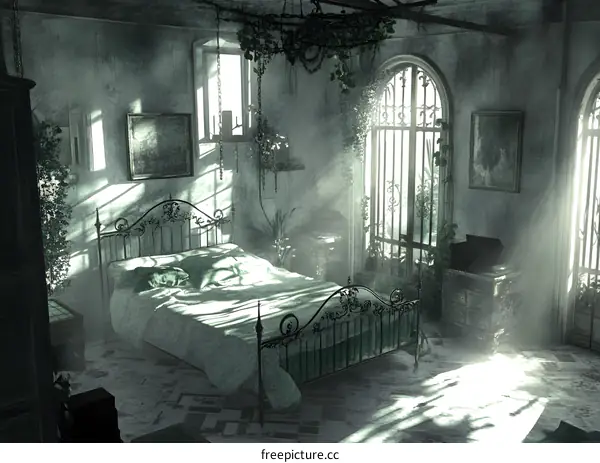Sunbeams Streaming Through Dusty Windows in an Abandoned Bedroom