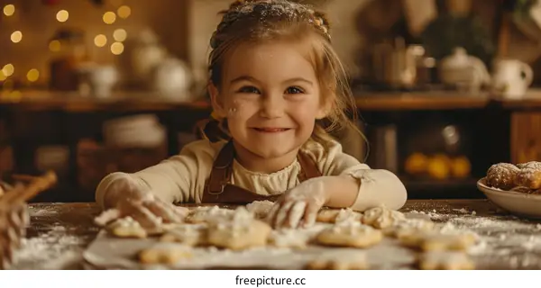 Little girl covered in flour while baking cookies in the kitchen