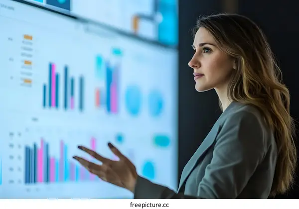 Businesswoman Presenting Data On Screen In Modern Office