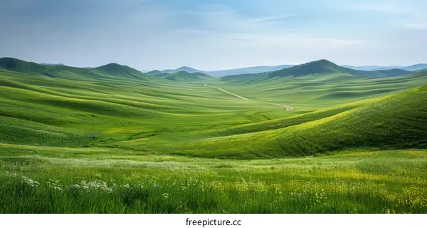 Scenic view of green rolling hills under blue sky
