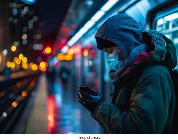 A person wearing a mask is looking at their phone while waiting for a train.