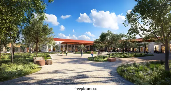 Modern Architectural Design of a Building With Patio and Walkway