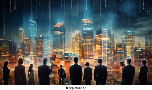 Business professionals looking at a futuristic cityscape