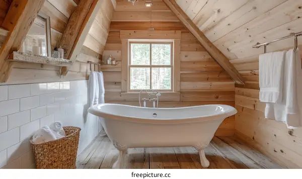Rustic Wooden Bathroom with a Clawfoot Tub
