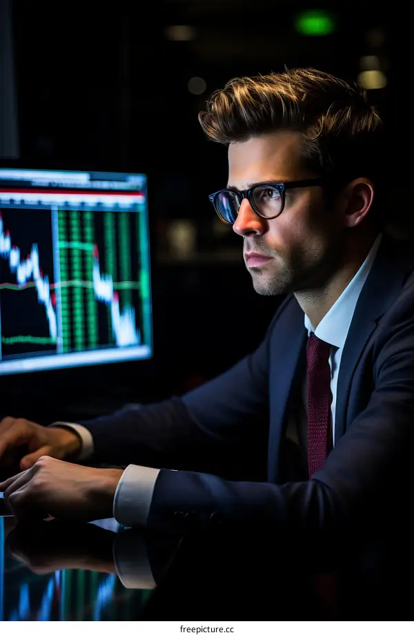 A stock trader wearing glasses looks at a computer screen with stock market data.