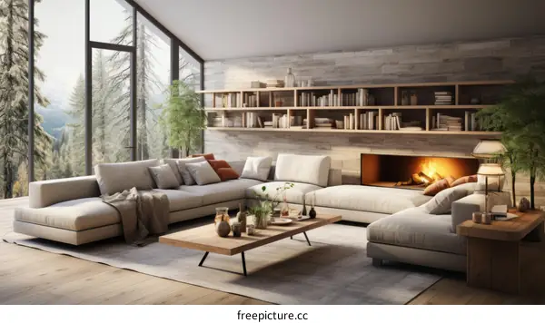 Cozy Living Room with Fireplace and Snowy Forest View