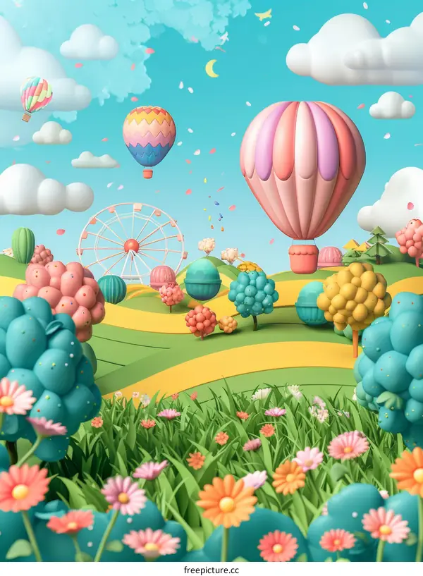 Surreal Cartoon Landscape with Hot Air Balloons and Ferris Wheel