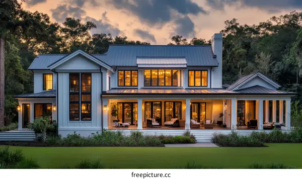 Modern Farmhouse Exterior with Covered Porch at Dusk