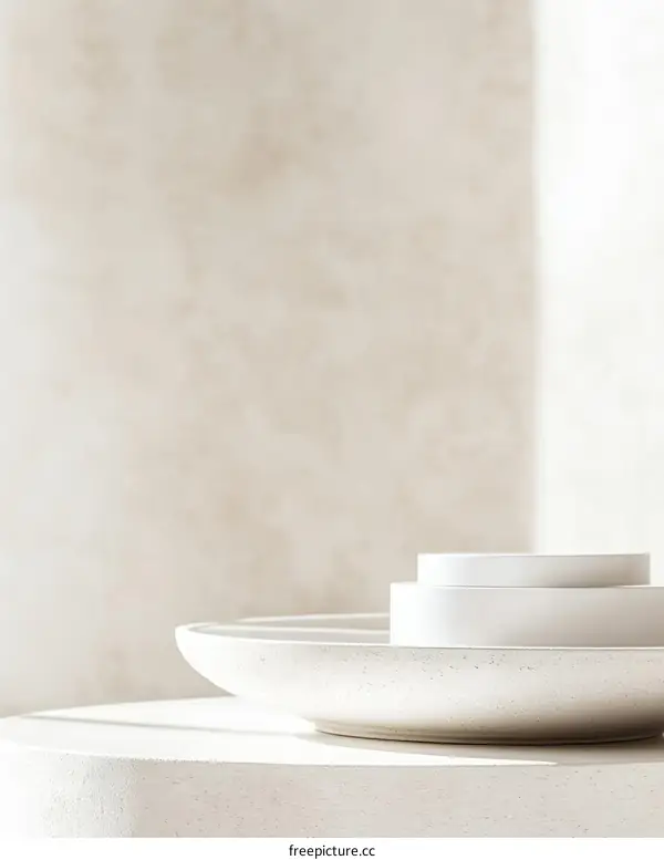 Minimalist White Dishware Display Against Beige Background