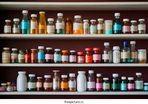 Glass bottles with medicine on the shelf