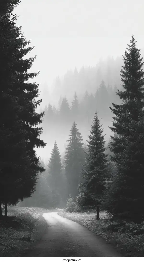 Misty Forest Road Black and White