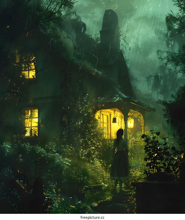 girl in front of a haunted house