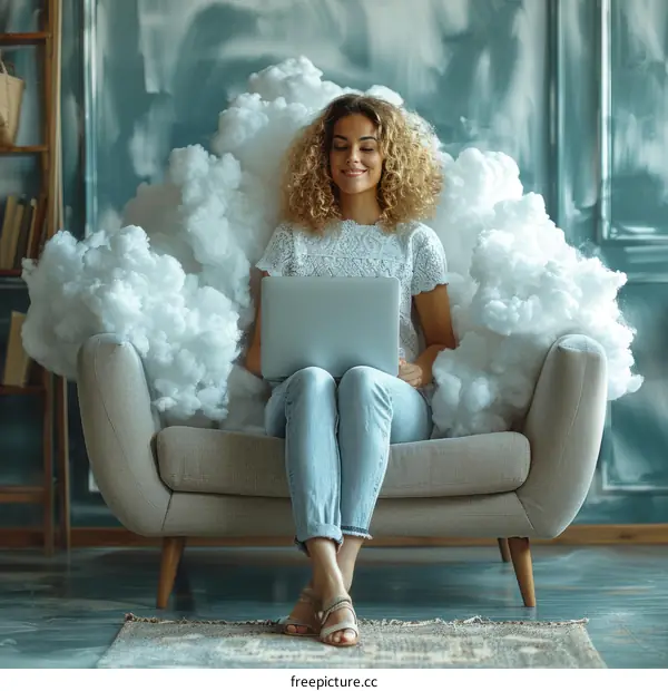 Smiling Young Woman Working On Laptop In Cloud Armchair