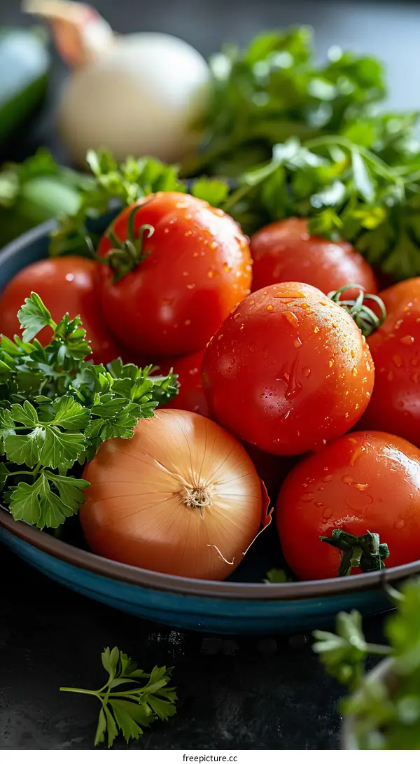 Fresh Red Tomatoes, Yellow Onion, and Parsley in a Blue Bowl