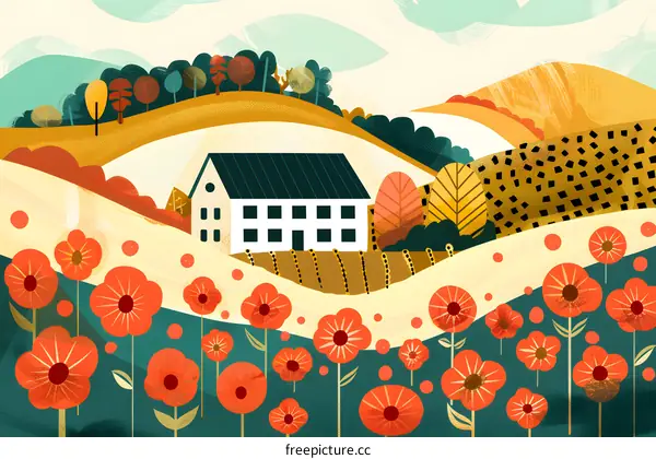 House in the Fields with Flowers Illustration