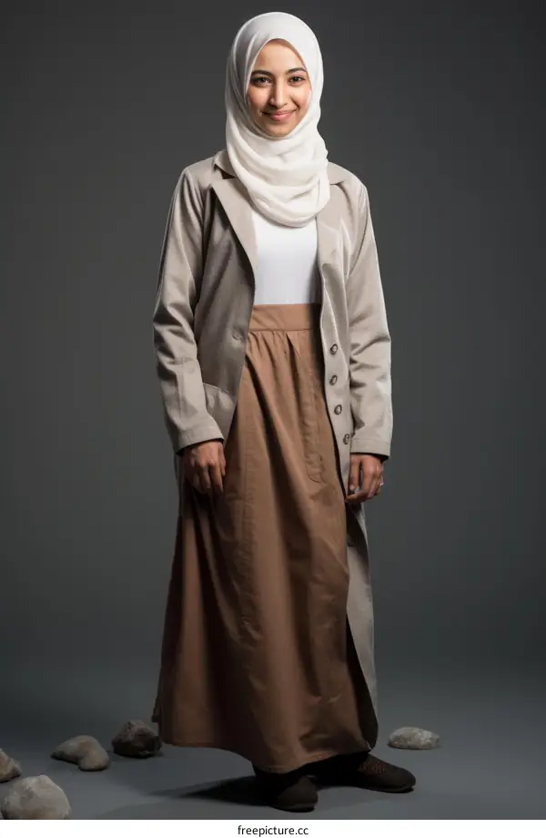 A young woman wearing a brown skirt and a beige blazer