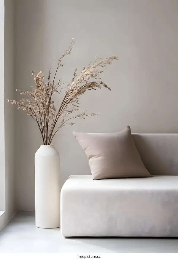 Minimalist Home Decor with Dried Flowers and White Sofa