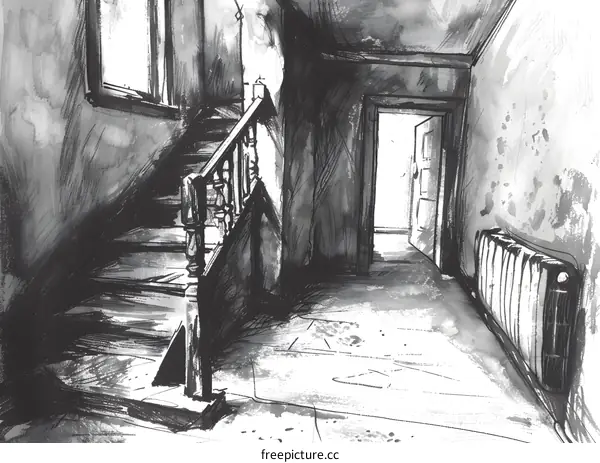 Black and White Illustration of a Staircase in a House