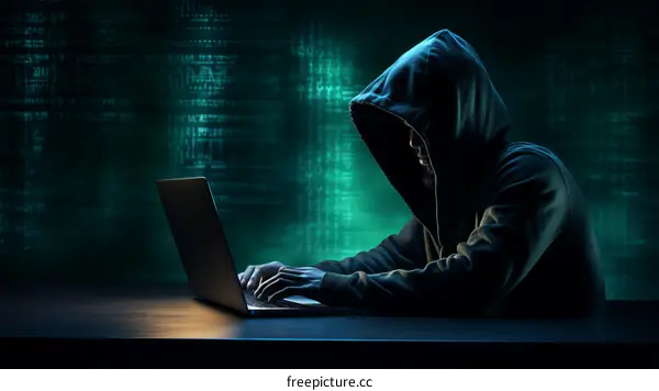 A lone hacker in a dark room wearing a hoodie and typing on a laptop with a green binary code background