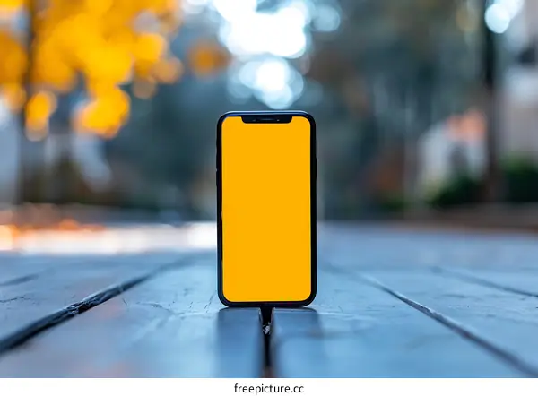 Yellow Screen Smartphone Mockup On Wooden Table Outdoors