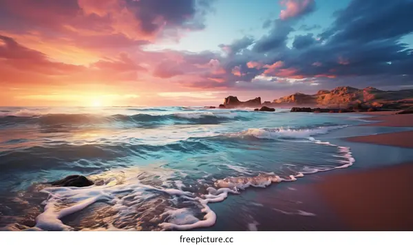 colorful cloudscape over beach at sunset