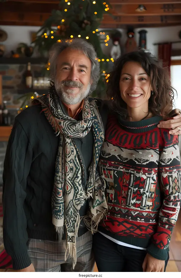 A father and daughter pose for a photo in front of a Christmas tree.