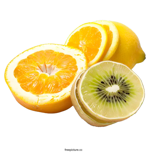 [Transparent Background PNG]Fresh Sliced Fruits Orange Kiwi Lemon