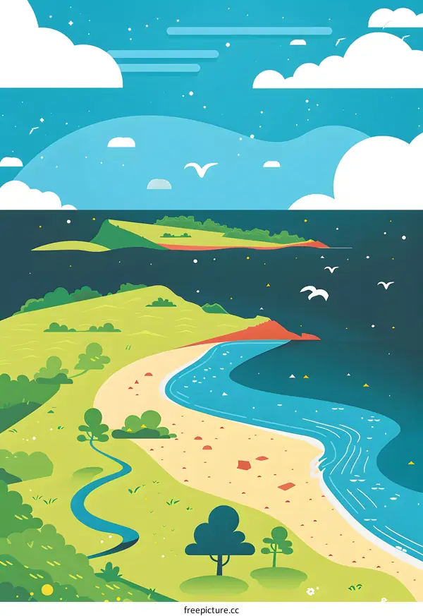 Flat Illustration of a Coastal Landscape with Seagulls and Clouds